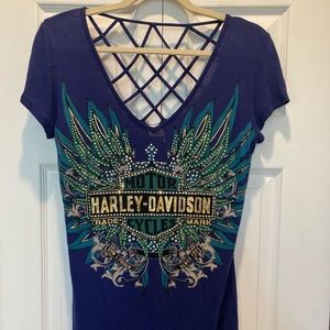 Harley Davidson tee shirt with rhinestones and cross cross back detail navy blue